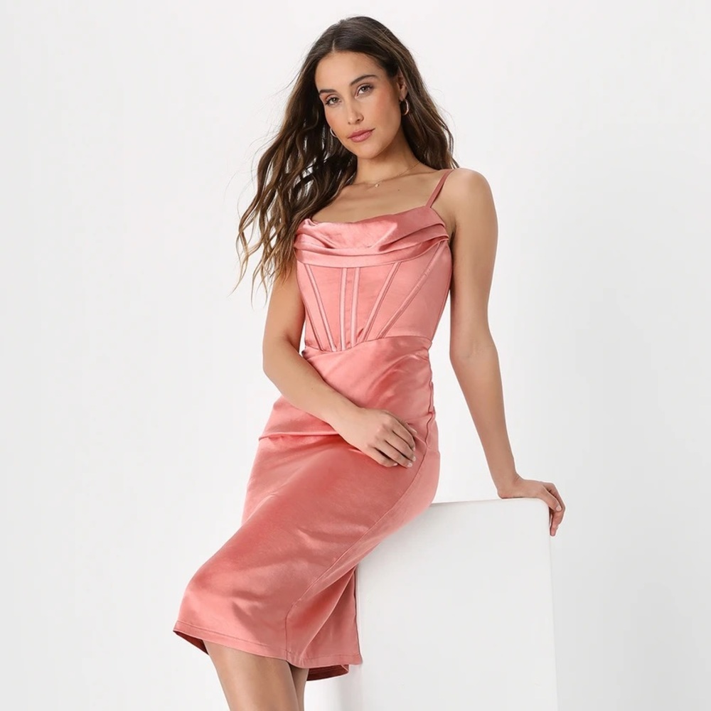 Pink Satin Cowl Neck Bustier Midi Dress